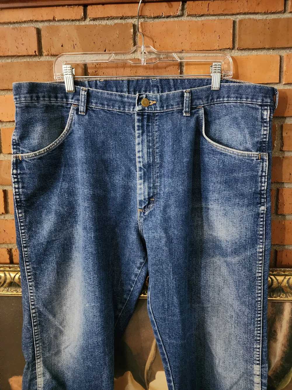 Wrangler Men's Dark Blue Bootcut Jeans with Whiskered Fade approx Size 38/26